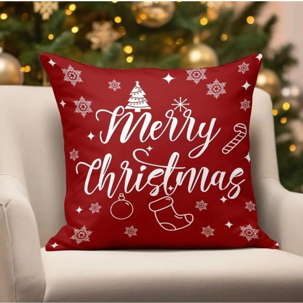 Christmas Pillow Covers 18x18 Set of 2 Red White Reindeer Merry Xmas Holiday